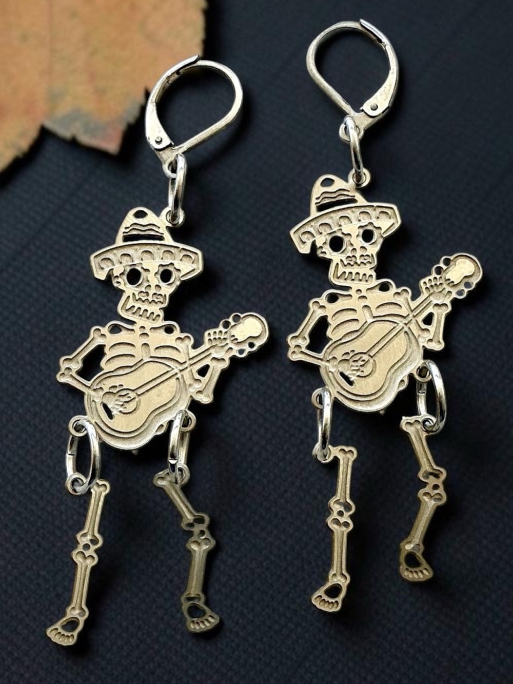 🆕 Singing Sugar Skull Skeleton with Guitar Laser Etched Dangle Earrings